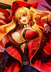 Rule 34 | 1girl, anne bonny (fate), ascot, belt, blonde hair, breasts, cleavage, coat, fate/grand order, fate (series), gun, hair ornament, hat, large breasts, long hair, open mouth, red eyes, ribbon, rifle, skirt, smile, solo, twintails, very long hair, weapon