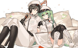 Rule 34 | 1boy, 1girl, absurdres, black eyes, black gloves, black hair, black thighhighs, boots, commentary request, cross-laced footwear, falling petals, furisode sleeves, gloves, green eyes, green hair, hair between eyes, hat, hatsune miku, highres, holding another&#039;s arm, japanese clothes, kaito (vocaloid), katana, kazenemuri, kimono, knee boots, knees up, long hair, looking at viewer, military hat, military uniform, petals, project diva (series), rei no sakura shirayuki (module), scabbard, senbonzakura (vocaloid), sheath, shiny clothes, short hair, sitting, skirt, smile, sword, thighhighs, twintails, uniform, vocaloid, weapon, white background, white kimono, white theme, wide sleeves