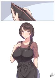 Rule 34 | 1girl, apron, artist name, band-width, black apron, braid, breasts, brown hair, brown shirt, comic, hand up, highres, large breasts, long hair, looking at viewer, mature female, original, personification, red eyes, shirt, smile, solo, standing, wallet