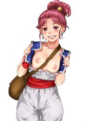 Rule 34 | 1girl, bag, between breasts, blush, breasts, clenched teeth, dragon quest, dragon quest iii, earrings, eyebrows, flashing, hair up, high ponytail, highres, inverted nipples, jewelry, legs, looking at viewer, matching hair/eyes, merchant (dq3), nipples, no bra, open clothes, over shoulder, pink eyes, pink hair, ponytail, sakuradou, shiny skin, shoulder bag, simple background, sleeveless, small breasts, smile, solo, standing, strapless, teeth, thighs, vest, white background