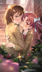 Rule 34 | 2girls, alley, asymmetrical bangs, blue skirt, blurry, blush, bow, bowtie, brick wall, brown eyes, brown hair, brown jacket, collared shirt, commentary, cowboy shot, depth of field, finger to mouth, flower, foliage, hair bow, hair flower, hair ornament, hand up, highres, hug, index finger raised, jacket, long hair, long sleeves, looking at viewer, medium hair, misaka mikoto, multiple girls, outdoors, parted bangs, parted lips, pleated skirt, profile, red bow, red bowtie, red eyes, red hair, school uniform, shirai kuroko, shirt, shirt tucked in, skirt, straight hair, symbol-only commentary, teeth, toaru kagaku no railgun, toaru majutsu no index, tokiwadai school uniform, twintails, white bow, white shirt, yonabe, yuri
