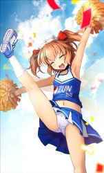 Rule 34 | 1girl, :d, arm up, armpits, black choker, blue skirt, brown hair, cheerleader, chima q, choker, clothes writing, collarbone, confetti, closed eyes, eyes visible through hair, fairy wings, fang, headdress, highres, leg up, lens flare, long hair, navel, open mouth, outstretched arm, panties, pleated skirt, pom pom (cheerleading), short hair, skirt, smile, solo, sunny milk, tank top, touhou, twintails, underwear, white panties, wings, yin yang