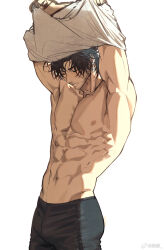 Rule 34 | 1boy, abs, black hair, black pants, chinstrap beard, clive rosfield, commentary request, final fantasy, final fantasy xvi, highres, male focus, pants, scar, shirt, topless male, weibo 5503369158, white shirt