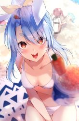 Rule 34 | 3girls, alternate costume, alternate hairstyle, animal ears, beach, beach towel, between legs, bikini, black bikini, blue hair, blurry, blurry background, blush, bow, breasts, buried, carrot, cleavage, collarbone, commentary, cowboy shot, day, food, green hair, hair between eyes, hair bow, hand between legs, harui (hr x9 ), highres, hololive, houshou marine, light blue hair, looking at viewer, medium breasts, medium hair, multiple girls, open mouth, outdoors, parted bangs, pov, rabbit ears, red eyes, red hair, shaved ice, sitting, smile, solo focus, sunlight, swimsuit, symbol-shaped pupils, teeth, thick eyebrows, towel, twintails, uruha rushia, usada pekora, virtual youtuber, white bikini, yellow bow