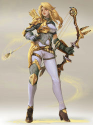 Rule 34 | 1girl, armor, arrow (projectile), belt, blonde hair, bow, bow (weapon), braid, breastplate, elf, facial mark, fang, gloves, high heels, highres, holding, holding bow (weapon), holding weapon, kyung han kim, lips, long hair, low-braided long hair, low-tied long hair, pauldrons, pointy ears, quiver, shoulder armor, side braid, single braid, solo, thigh strap, weapon, yellow eyes
