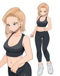 Rule 34 | 1girl, absurdres, alternate costume, android 18, black tank top, blonde hair, blue eyes, breasts, commentary request, dragon ball, dragonball z, earrings, full body, highres, jewelry, looking at viewer, navel, pants, rokoido12, shoes, short hair, simple background, sneakers, sports bra, sportswear, sweatpants, tank top, yoga pants