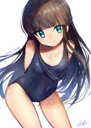 Rule 34 | 1girl, arms behind back, blue eyes, blue one-piece swimsuit, blunt bangs, brown hair, commentary request, covered navel, cowboy shot, half updo, head tilt, highres, leaning forward, long hair, one-piece swimsuit, original, school swimsuit, sea scorpion (umisasori), simple background, smile, solo, standing, swimsuit, very long hair, white background