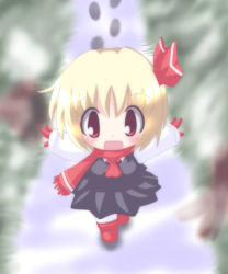 Rule 34 | 1girl, blonde hair, chibi, embodiment of scarlet devil, fang, female focus, full body, gloves, hair ribbon, nature, open mouth, outdoors, outstretched arms, plant, r pascal, red eyes, red gloves, ribbon, rumia, scarf, shirt, short hair, skirt, skirt set, smile, snow, solo, touhou, vest