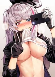 Rule 34 | 1girl, :d, bad id, bad pixiv id, black gloves, black jacket, blue eyes, blush, breasts, cellphone, cleavage, clothes in mouth, clothes lift, commentary, girls&#039; frontline, glint, gloves, grin, hands up, head tilt, heterochromia, holding, holding phone, jacket, large breasts, lifting own clothes, long hair, long sleeves, looking at viewer, mdr (girls&#039; frontline), mouth hold, multicolored hair, navel, nose blush, open clothes, open jacket, open mouth, phone, pink hair, red eyes, shirt in mouth, shirt lift, sidelocks, silver hair, simple background, smartphone, smile, solo, stomach, streaked hair, suou-sensei, sweat, taking picture, teeth, two side up, upper body, v, white background