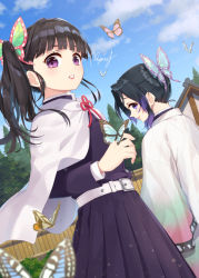 Rule 34 | 2girls, animal, bad id, bad pixiv id, belt, black hair, blunt bangs, bug, butterfly, butterfly hair ornament, cloud, commentary request, day, dutch angle, hair ornament, haori, insect, japanese clothes, kimetsu no yaiba, kochou shinobu, long sleeves, looking at viewer, multiple girls, outdoors, pink lips, pleated skirt, purple eyes, rupinesu, side ponytail, signature, skirt, tree, tsuyuri kanao, white belt
