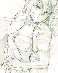 Rule 34 | 1girl, bra, breasts, commentary request, dutch angle, green eyes, green theme, hair between eyes, hair spread out, highres, kantai collection, large breasts, looking at viewer, lying, monochrome, on back, on bed, panties, parted lips, shirt, solo, tone (kancolle), underwear, upper body, yami (m31)
