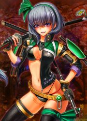 Rule 34 | 1girl, alternate costume, armor, bad id, bad pixiv id, breasts, cleavage, contrapposto, earrings, fangs, hair ribbon, hairband, hand on own hip, highres, jacket, jewelry, katana, konpaku youmu, maco (macoillust), md5 mismatch, navel, navel piercing, open mouth, piercing, ribbon, short hair, solo, standing, sword, touhou, weapon