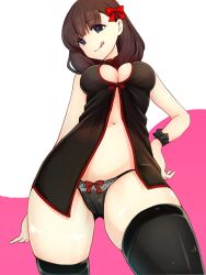 Rule 34 | :q, arm at side, bad id, bad twitter id, black panties, black thighhighs, blue eyes, breasts, brown hair, cameltoe, chinese clothes, cleavage, cleavage cutout, closed mouth, clothing cutout, foreshortening, from below, haani, hair ribbon, hand on own hip, head tilt, heart, heart-shaped pupils, highres, idolmaster, idolmaster cinderella girls, lingerie, looking at viewer, medium breasts, medium hair, negligee, panties, ribbon, sakuma mayu, simple background, solo, symbol-shaped pupils, thighhighs, thighs, tongue, tongue out, turtleneck, underwear, wrist ribbon