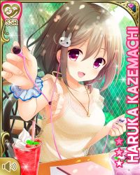 Rule 34 | 1girl, :d, bare shoulders, brown hair, rabbit hair ornament, card (medium), character name, collarbone, day, earbuds, earphones, girlfriend (kari), hair ornament, hairclip, hat, indoors, kazemachi haruka, looking at viewer, official art, open mouth, pink eyes, qp:flapper, short hair, shorts, smile, solo, standing, tagme, wicker furniture