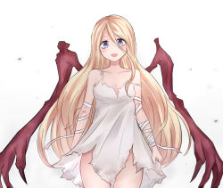 Rule 34 | 1girl, bandaged arm, bat wings, blonde hair, blue eyes, blush, breasts, camisole, cleavage, collarbone, commentary request, convenient censoring, hair between eyes, highres, long hair, looking at viewer, neit ni sei, open mouth, original, purple eyes, scar, small breasts, smile, solo, wind, wind lift, wings