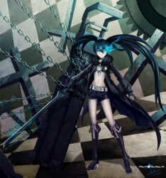 Rule 34 | 10s, 1girl, arm cannon, belt, bikini, black gloves, black hair, black rock shooter, black rock shooter (character), blue eyes, blue fire, boots, chain, checkered background, checkered floor, choker, copyright name, cross, fire, flaming eye, floor, front-tie top, gears, gloves, highres, hood, hooded jacket, jacket, long hair, looking at viewer, ltt challenger, midriff, navel, over-kneehighs, scar, shadow, short shorts, shorts, solo, standing, star (symbol), stitches, swimsuit, sword, thighhighs, twintails, weapon