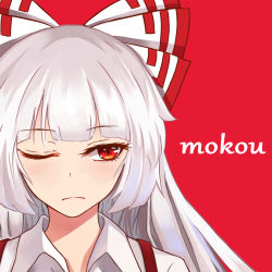 Rule 34 | 1girl, bow, character name, closed mouth, collar, fujiwara no mokou, highres, long hair, looking to the side, multicolored bow, one eye closed, red background, red bow, red eyes, shirt, short sleeves, simple background, solo, touhou, upper body, white bow, white hair, white shirt, yongzhe mei hong
