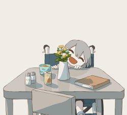 Rule 34 | absurdres, avogado6, book, can, chair, commentary request, cup, closed eyes, flower, grey background, grey hair, hair between eyes, highres, open mouth, original, pepper shaker, salt shaker, shadow, simple background, sitting, smile, solo, table, wheelchair