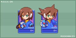 Rule 34 | 1girl, aile (mega man zx), biometal, blue jacket, brown hair, character name, closed mouth, copyright name, cropped jacket, green eyes, henshin pose, holding, jacket, mega man (series), mega man zx, model x (mega man), nghtmrsrph, open mouth, pixel art, robot ears, spiked hair, upper body, vent (mega man)
