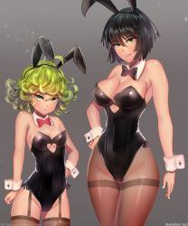 Rule 34 | 2girls, absurdres, animal ears, bare shoulders, black hair, blush, bow, bowtie, breasts, rabbit ears, playboy bunny, cleavage, covered navel, curvy, deviantart username, fake animal ears, fishnets, fubuki (one-punch man), garter straps, green eyes, green hair, heart cutout, highres, large breasts, looking at viewer, multiple girls, nail polish, one-punch man, parted lips, short hair, siblings, sideboob, sisters, small breasts, smile, standing, tatsumaki, thick thighs, thighhighs, thighs, underboob, watermark, web address, white nails, wide hips, wrist cuffs, yur1rodrigues