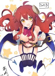 Rule 34 | 1girl, ahoge, bare shoulders, black thighhighs, bow, bowtie, breasts, brown eyes, cleavage, clenched hands, commentary, curled horns, demon girl, demon horns, demon tail, hair between eyes, highres, horns, kekeke606, large breasts, long hair, looking at viewer, machikado mazoku, open mouth, pink bow, pink bowtie, red hair, sketch, solo, star (symbol), starry background, tail, thigh gap, thighhighs, white background, yoshida yuuko (machikado mazoku)