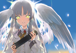 Rule 34 | 1girl, angel beats!, angel wings, blazer, cherry blossoms, commentary request, graduation, highres, jacket, lens flare, long hair, looking at viewer, petals, school uniform, silver hair, solo, suiyama akira, sun, tenshi (angel beats!), tube, upper body, white wings, wings, yellow eyes