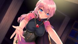 Rule 34 | 1girl, ascendant hearts, blue eyes, blush, breasts, closed mouth, diamond (gemstone), dutch angle, eyebrows, game cg, highres, indoors, jewelry, large breasts, light smile, long hair, looking at viewer, necklace, original, outstretched arms, pink hair, pink skirt, raised eyebrows, short sleeves, skirt, smile, solo, standing, sweatdrop