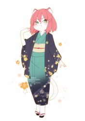 Rule 34 | 1girl, :&lt;, animal ear fluff, animal ears, black footwear, blush, cat ears, cat tail, closed mouth, female focus, floral print, full body, furry, furry female, green kimono, hand up, japanese clothes, kimono, long sleeves, looking at viewer, obi, original, pink hair, sandals, sash, short hair, simple background, socks, solo, standing, tail, white background, white socks, yuuki (yuyuki000)