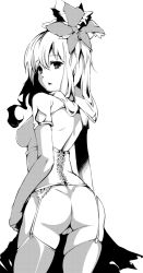 Rule 34 | 1girl, ass, back, bad id, bad pixiv id, breasts, cleft of venus, cofepig, corset, female focus, from behind, garter belt, greyscale, kagiyama hina, looking back, monochrome, nipples, pussy, ribbon, solo, thighhighs, topless, touhou, uncensored