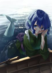 Rule 34 | 1girl, absurdres, arm rest, arm up, blue eyes, blue hair, commentary, day, drill hair, elbow rest, fins, floral print, glint, green kimono, hair between eyes, hand on own face, head fins, highres, japanese clothes, kanpa (campagne 9), kimono, looking at viewer, mermaid, monster girl, oar, obi, outdoors, partially submerged, rowboat, sash, short hair, solo, touhou, wakasagihime, water
