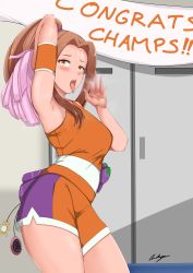 Rule 34 | 1girl, absurdres, aikiyun, ass, breasts, brown eyes, brown hair, digimon, fellatio gesture, female focus, highres, looking at viewer, open mouth, pom pom (cheerleading), solo, steam, tachikawa mimi, teeth, text focus, tongue, tongue out, upper teeth only