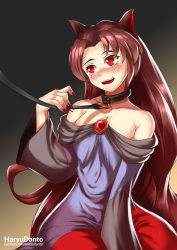 Rule 34 | 1girl, animal ears, artist name, bare shoulders, blush, breasts, brown hair, cleavage, collar, dress, fingernails, full-face blush, gradient background, haryudanto, imaizumi kagerou, leash, long fingernails, long hair, long sleeves, nail polish, off shoulder, open mouth, red eyes, smile, solo, touhou, watermark, web address, wide sleeves, wolf ears