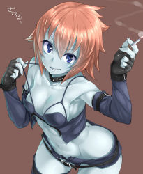 Rule 34 | 1girl, absurdres, ass, belt, blue eyes, blue shorts, blue skin, blue thighhighs, breasts, brown background, buckle, butt crack, camisole, cigarette, collar, colored skin, crop top, detached sleeves, downpants, fingerless gloves, from above, genderswap, genderswap (mtf), gloves, grin, groin, highres, looking at viewer, medium breasts, midnight bliss, midriff, navel, no panties, open fly, orange hair, orochi itto, red hair, sharp teeth, short hair, short shorts, shorts, simple background, smile, smoke, solo, spiked collar, spikes, strap pull, teeth, thighhighs, unzipped, vampire (game), zabel zarock