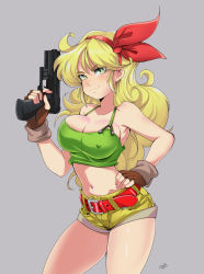 Rule 34 | 1girl, absurdres, artist name, bare shoulders, belt, blonde hair, blush, breasts, cleavage, closed mouth, covered erect nipples, delux drawings, dragon ball, dragonball z, fingerless gloves, gloves, green eyes, grey background, gun, hair ornament, hairband, hand up, handgun, highres, holding, holding weapon, large breasts, long hair, looking at viewer, lunch (bad) (dragon ball), lunch (dragon ball), midriff, navel, shiny skin, short shorts, shorts, signature, simple background, sleeveless, smile, solo, stomach, weapon