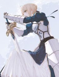 1girl ahoge aqua_eyes armor armored_dress artoria_pendragon_(fate) blonde_hair braid braided_bun breastplate breasts cloud commentary_request crown_braid excalibur_(fate/stay_night) fate/grand_order fate/stay_night fate_(series) female_focus gauntlets hair_between_eyes hair_bun highres holding holding_sword holding_weapon looking_away outdoors puffy_sleeves saber_(fate) short_hair sky solo sword wanke weapon