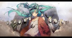 Rule 34 | aqua hair, back-to-back, blue hair, bomber jacket, coat, dual persona, dust cloud, earrings, eyewear on head, green eyes, green hair, hands in pockets, hatsune miku, highres, hood, hooded jacket, hoodie, horns, jacket, jewelry, letterboxed, long hair, looking at another, mask, skull mask, sogawa66, suna no wakusei (vocaloid), sunglasses, twintails, vocaloid