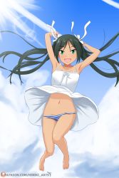 Rule 34 | 1girl, armpits, artist name, bare shoulders, blush, breasts, clothes lift, cloud, cloudy sky, collarbone, dan hibiki (artist), dress, dress lift, fang, francesca lucchini, full body, green eyes, green hair, groin, hair ornament, hair ribbon, jumping, long hair, looking at viewer, navel, open mouth, panties, ribbon, shiny skin, sky, small breasts, smile, solo, strike witches, striped clothes, striped panties, sundress, tongue, twintails, underwear, world witches series