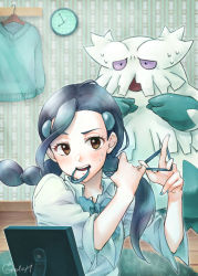 Rule 34 | 1girl, abomasnow, absurdres, adjusting hair, black hair, blush, brown eyes, candice (pokemon), clock, commentary request, creatures (company), eyelashes, game freak, gen 4 pokemon, hair ornament, hair tie in mouth, hairclip, highres, indoors, long hair, minatoya ringo, mouth hold, multi-tied hair, nintendo, open mouth, pokemon, pokemon (creature), pokemon dppt, shirt, sweat, sweater, teeth, tongue, twintails, unworn sweater, upper teeth only, wall clock, white shirt