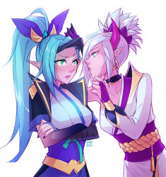Rule 34 | 2girls, bandaged arm, bandages, blue nails, blue ribbon, blue skin, blush, breasts, closed mouth, colored skin, crossed arms, earrings, from side, green eyes, green hair, hair ribbon, horns, jewelry, league of legends, long hair, looking at another, medium breasts, multiple girls, nail polish, obi, pointy ears, pointy nose, ponytail, ribbon, riven (league of legends), sash, short sleeves, spirit blossom (league of legends), spirit blossom riven, spirit blossom vayne, vayne (league of legends), vmat