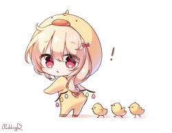 Rule 34 | !, 1girl, alternate costume, bird, blonde hair, bow, chibi, chick, chicken costume, commentary, crystal, flandre scarlet, full body, highres, looking back, one side up, open mouth, pudding (skymint 028), red bow, red eyes, signature, simple background, standing, symbol-only commentary, touhou, white background, wings