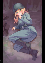 Rule 34 | 1girl, ammunition belt, ammunition pouch, black footwear, blonde hair, boots, closed mouth, company of heroes, full body, german army, green eyes, hair between eyes, hat, helmet, highres, long hair, long sleeves, looking at viewer, lying, military, military hat, military uniform, on side, original, pouch, solo, uniform, volksgrenadier (company of heroes), world war ii, zhainan s-jun