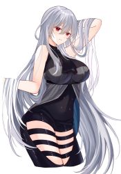 Rule 34 | 1girl, alternate costume, arknights, bad id, bad twitter id, black pants, breasts, dress, grey hair, hair between eyes, hand in own hair, highres, large breasts, long hair, looking at viewer, muki (muki kunxd), pants, red eyes, skadi (arknights), skadi (elite ii) (arknights), solo, white background