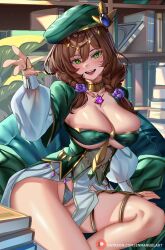 Rule 34 | 1girl, book, book stack, bookshelf, braid, breasts, brown hair, commentary, english commentary, enma (enmanuelart), flower, genshin impact, glint, green eyes, green hat, groin, hair between eyes, hair flower, hair ornament, hat, hat ornament, highres, large breasts, lisa (a sobriquet under shade) (genshin impact), lisa (genshin impact), long hair, long sleeves, looking at viewer, low twin braids, official alternate costume, open mouth, panties, patreon logo, patreon username, pelvic curtain, puffy sleeves, purple flower, purple rose, reaching, reaching towards viewer, rose, sitting, skindentation, smile, solo, teeth, thighs, twin braids, underboob, underwear, upper teeth only, vision (genshin impact), watermark, web address