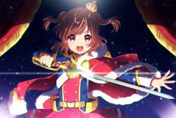 Rule 34 | 10s, 1girl, aiguillette, aijou karen, belt, blush, brown hair, crown, double-breasted, fur trim, holding, holding sword, holding weapon, jacket, jacket on shoulders, mamyouda, mini crown, open mouth, outstretched arm, red eyes, sash, shoujo kageki revue starlight, solo, stage curtains, stage lights, sword, tassel, two side up, v-shaped eyebrows, weapon