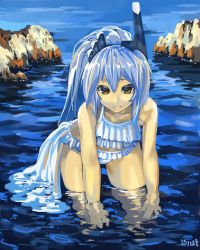 Rule 34 | 1girl, absurdres, bare shoulders, bikini, bikini skirt, blue hair, day, frilled bikini, frills, headgear, highres, looking at viewer, ponytail, puribate (helgoland), signature, smile, solo, swimsuit, wading, water, wet, wet clothes, yellow eyes
