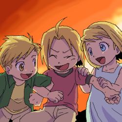 Rule 34 | 1girl, 2boys, :d, aged down, ahoge, alphonse elric, blonde hair, blue eyes, child, closed eyes, dress, edward elric, fullmetal alchemist, green shirt, hand on another&#039;s shoulder, happy, locked arms, looking at another, lowres, multiple boys, nakamura, open mouth, pants, red shirt, shirt, short hair, siblings, sky, smile, sunset, winry rockbell, yellow eyes