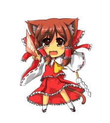 Rule 34 | 1girl, animal ears, bad id, bad pixiv id, bow, brown hair, cat ears, cat girl, cat tail, chibi, detached sleeves, female focus, full body, gohei, hakurei reimu, japanese clothes, kemonomimi mode, miko, short hair, simple background, skirt, solo, tail, toichi, touhou, white background