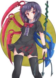Rule 34 | &gt;:), 1girl, asymmetrical wings, black dress, black hair, black thighhighs, bow, bowtie, breasts, closed mouth, cowboy shot, dress, frills, highres, holding, holding weapon, houjuu nue, looking at viewer, polearm, red bow, red bowtie, red eyes, short dress, short sleeves, small breasts, snake, solo, thighhighs, touhou, trident, uumaru1869, v-shaped eyebrows, weapon, wings, wristband, zettai ryouiki