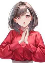 Rule 34 | 1girl, brown hair, collared shirt, commentary request, earrings, highres, hoop earrings, jewelry, looking at viewer, medium hair, open mouth, original, own hands together, palms together, red background, red eyes, red shirt, shirt, shirt tucked in, simple background, solo, sousou (sousouworks), teeth, upper body, upper teeth only, white background