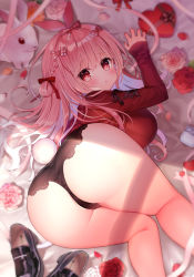Rule 34 | 1girl, animal ears, ass, bad id, bad twitter id, bare legs, bed sheet, black footwear, black panties, blush, bow, box, braid, breasts, chihiro (khorosho), cross-laced clothes, feet out of frame, flower, folded ponytail, hair ribbon, heart-shaped box, lace, lace-trimmed panties, lace trim, large breasts, long hair, long sleeves, no pants, original, panties, parted lips, petals, pink hair, plaid, plaid bow, rabbit, rabbit ears, rabbit tail, red eyes, red ribbon, red shirt, ribbon, rose, rose petals, shadow, shirt, shoes, unworn shoes, sleeves past wrists, solo, sunlight, tail, top-down bottom-up, underwear